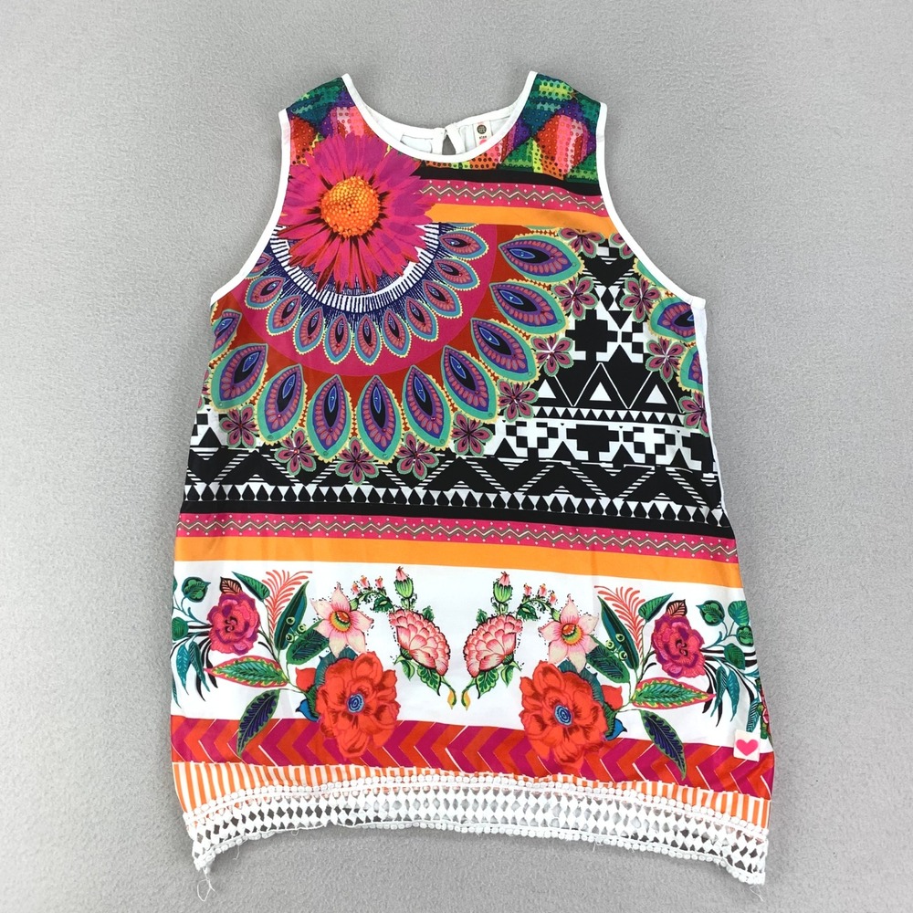 Desigual Tank Top Blouse Youth 13/14 Pink Floral Colorful Vibrant Viscose
